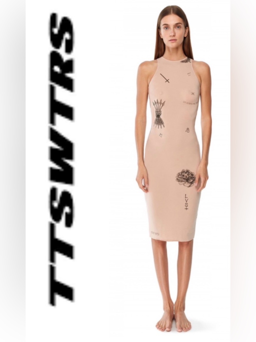 TTSWTRS Tattoo Sweaters Nude Tattoo Graphic Bodycon Midi Dress- Size Small